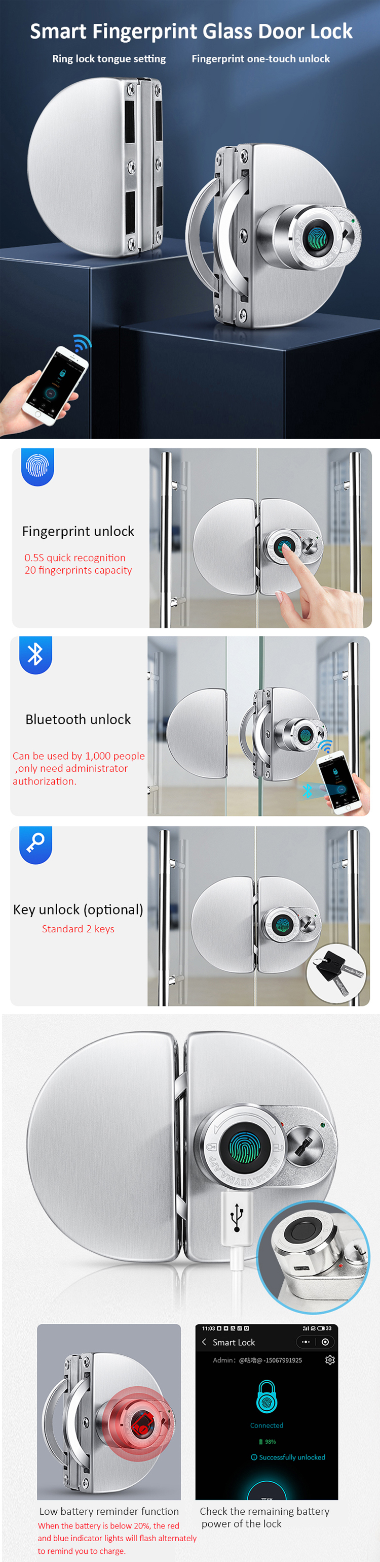 Kunci pintu kaca biometrik pintar